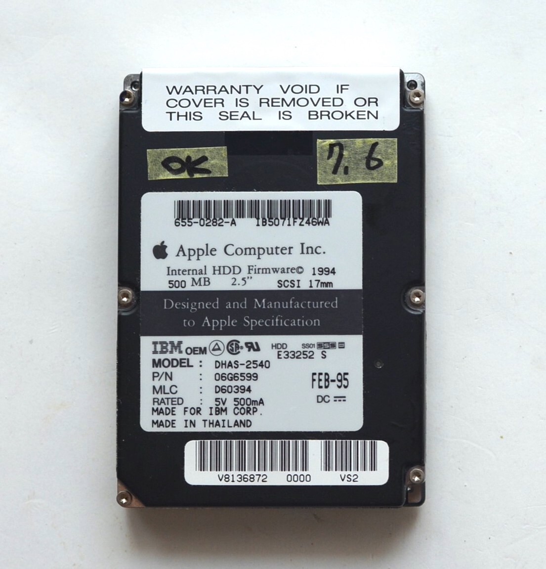 Apple Internal HDD Firmware 1994 稀少!500MB 2.5inch SCSI 17mm ハードディスク OS7.6 MADE FOR IBM CORP. 拍卖