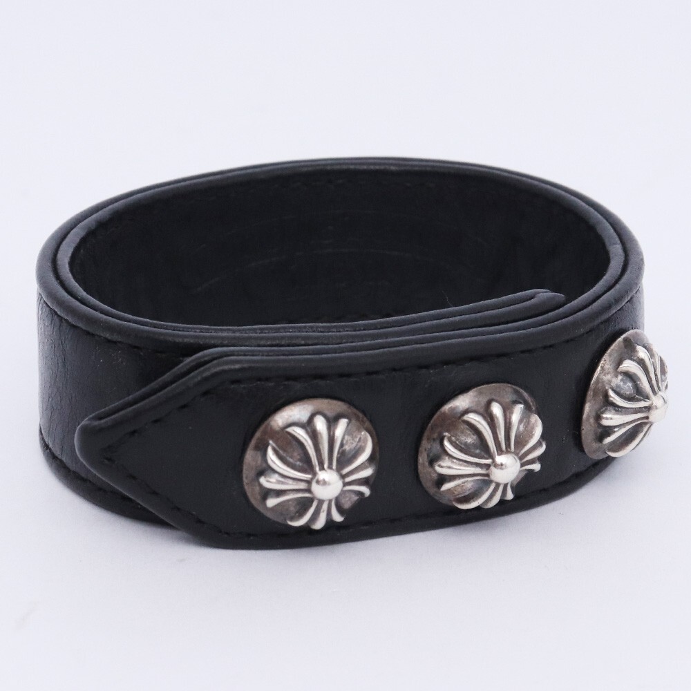 CHROME HEARTS 3ボタン 2スナップ ブレスレット クロスボタン ブラック クロムハーツ レザー 3BTN 2SNP拍卖