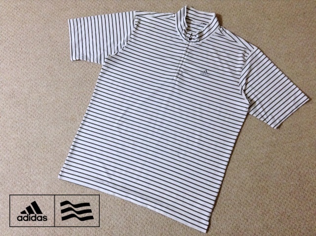 ★中古★アディダス ゴルフ 半袖モックネックシャツ ハーフジップ O-XOサイズ 刺繍ロゴ ストレッチ ボーダー 白黒灰 adidas GOLF N49311拍卖