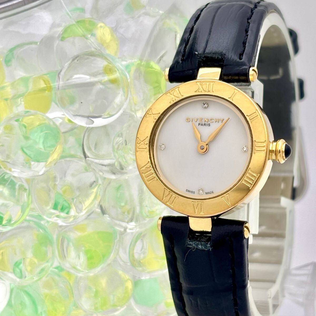 【美品/新品電池】GIVENCHY ジバンシー レディース 腕時計 ゴールド シェル 4Pダイヤ ローマン 新品ベルト拍卖