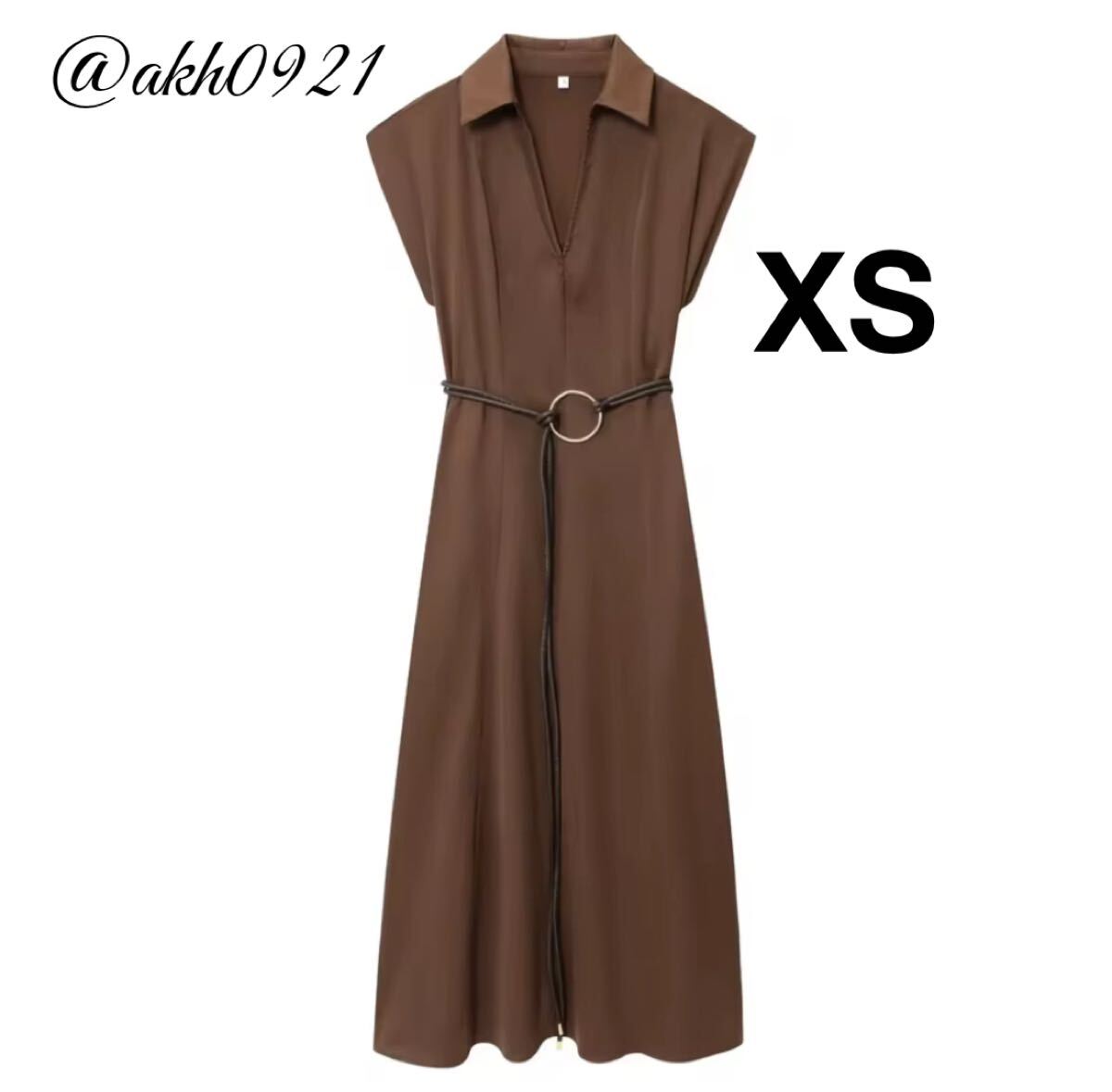 新品未使用★2025 A/W 秋新作★vintage ヴィンテージ レトロ brown ベルト付き ロング ワンピース XSサイズ レディース★ZARA 好きな方に拍卖