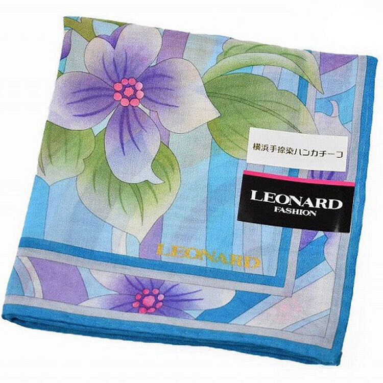 レオナール ハンカチ レディース 1枚 ブランド LEONARD ライト ブルー パープル イエロー フラワー拍卖