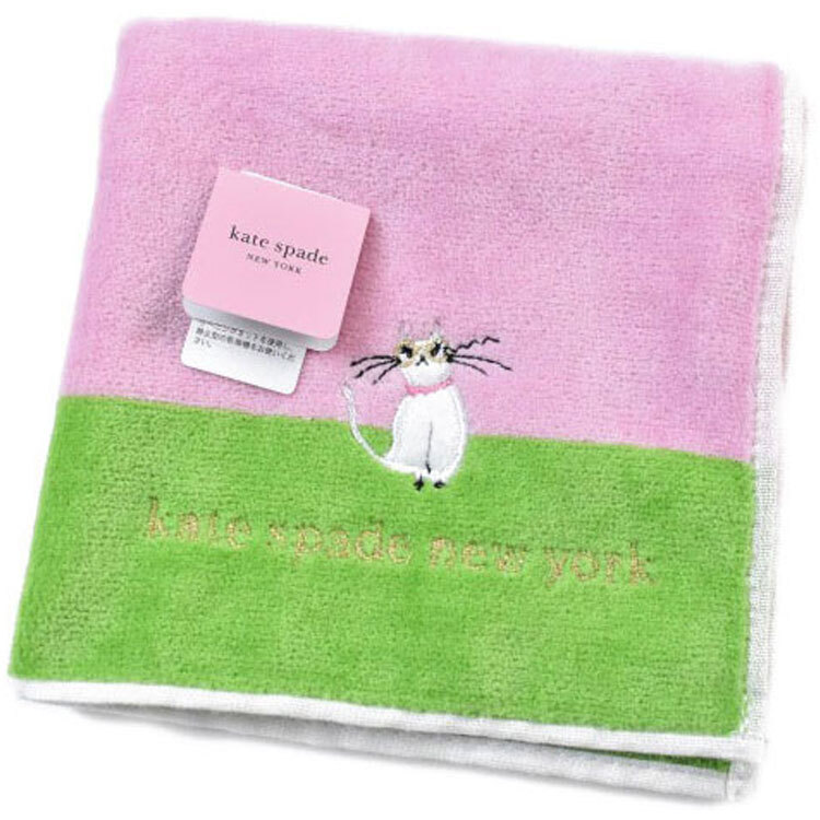 タオルハンカチ 1枚 ケイト スペード ニューヨーク レディース ブランド ピンク グリーン ネコ 猫 ロゴ 刺繍拍卖