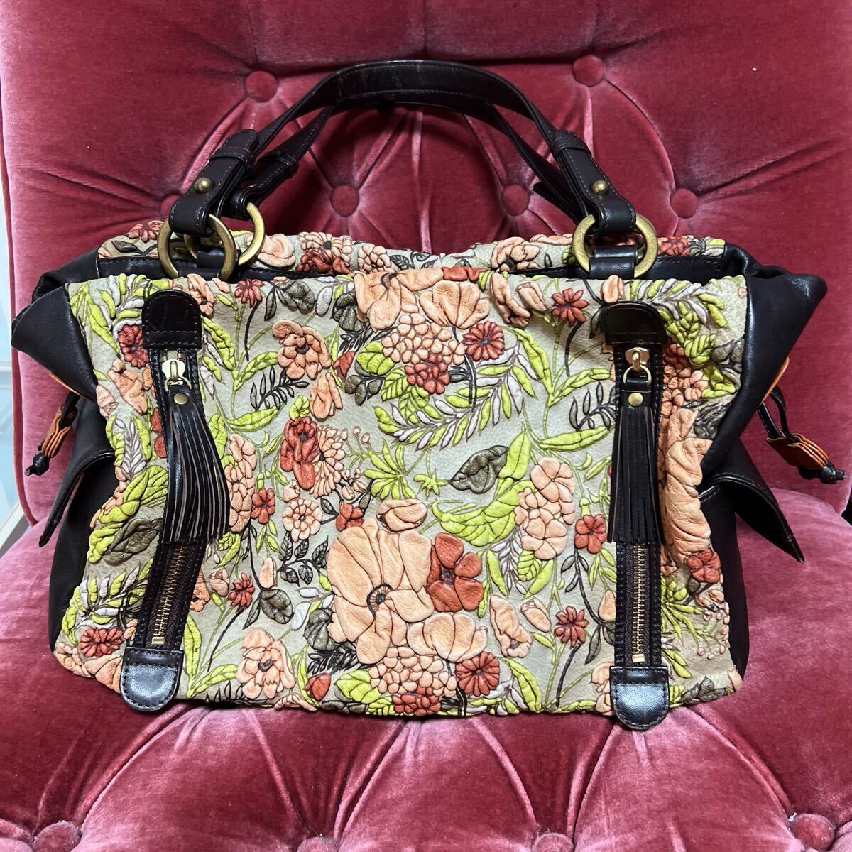 デコブランシェ トートバッグ 花柄 高級感 レザー 大容量 レディース 上品 エレガント 希少 KYOUKA 京香 ベージュ オレンジ 日本製拍卖