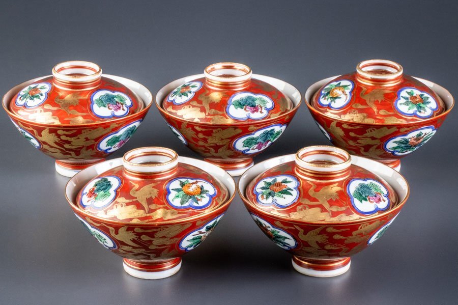 【九谷焼】『 九谷峰仙 赤絵金彩雲鶴柘榴文蓋茶碗 5客 16787 』 蒸茶碗 金襴手 染錦 和食器 料亭 日本料理 焼物皿 陶芸 陶磁器 骨董拍卖