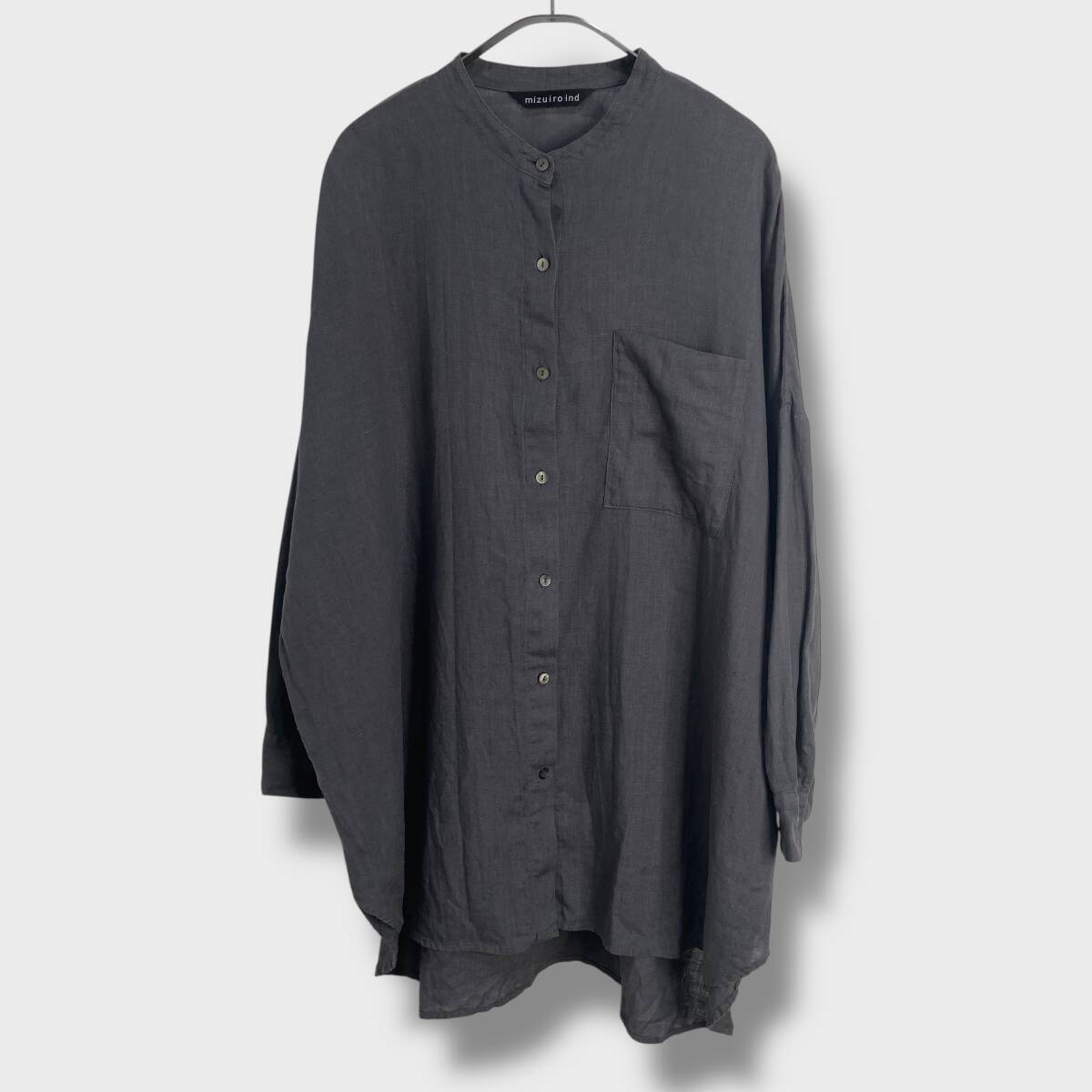 送料無料☆mizuiroind☆ミズイロインド☆リネンスタンドカラーワイドシャツ☆長袖シャツ☆チャコールグレー☆レディースフリーサイズ☆H25M拍卖