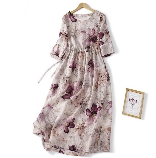 新品☆夏ロングスカート 大人 上品 花柄プリント綿麻ワンピース レディース ワンピース 50代 60代 ファッション 薄手 夏のお出かけに 紫拍卖