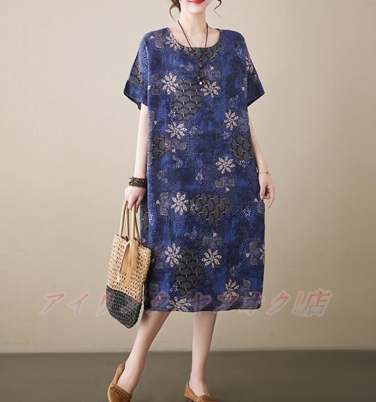 ☆新品Fサイズ チュニックワンピース 半袖 レディース 綿麻 プリント柄 可愛い 大人 体型カバー ロングワンピース 1号色拍卖