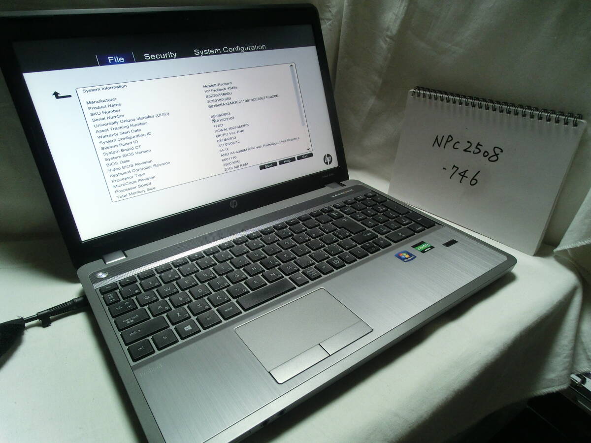 【ジャンク】 HP Probook 4545s(バッテリー不調)/AMD A4-4300M APU with RadeonHD Graphics/メモリ2GB/OS:-/管:NPC2508-746拍卖