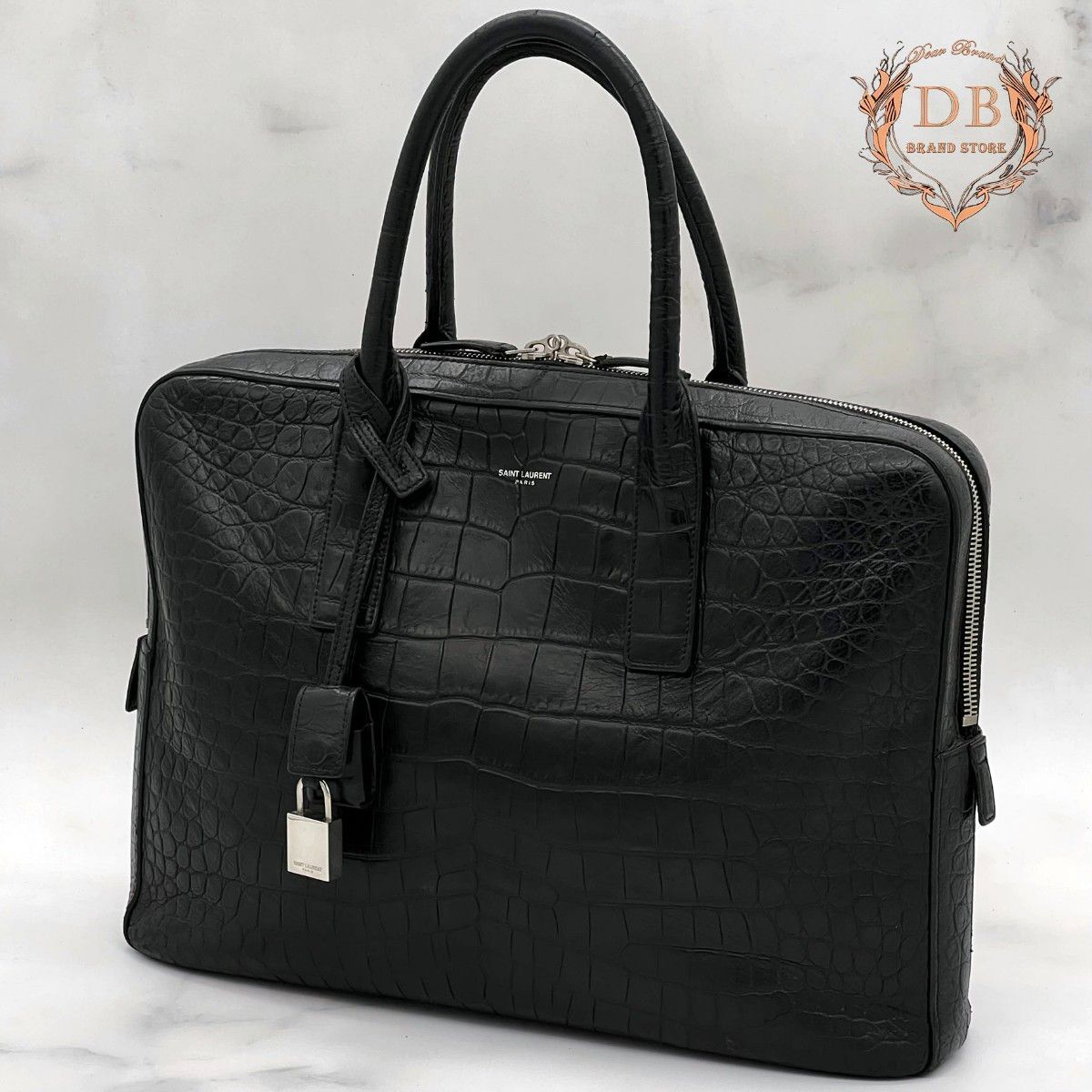 サンローラン クロコ ブリーフケース ビジネスバッグ ブラック レザー 本革 黒 SAINT LAURENT メンズ バッグ 銀 鑑定済み Auth 南京錠 鍵拍卖