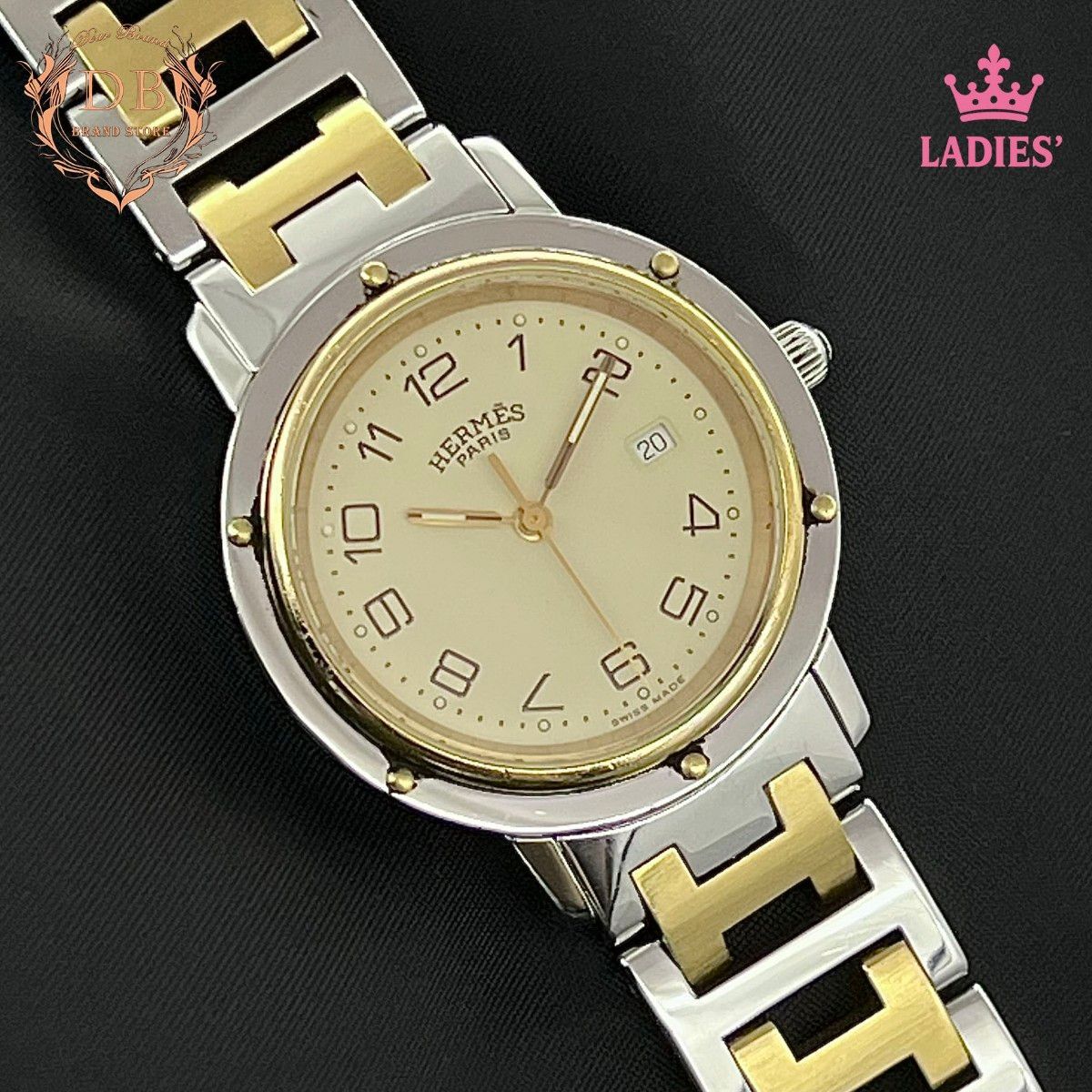 【新品電池】 エルメス クリッパー クォーツ ベージュ文字盤 シルバー ゴールド Hermes レディース 時計 ビジネス 稼働 鑑定済 デイト拍卖