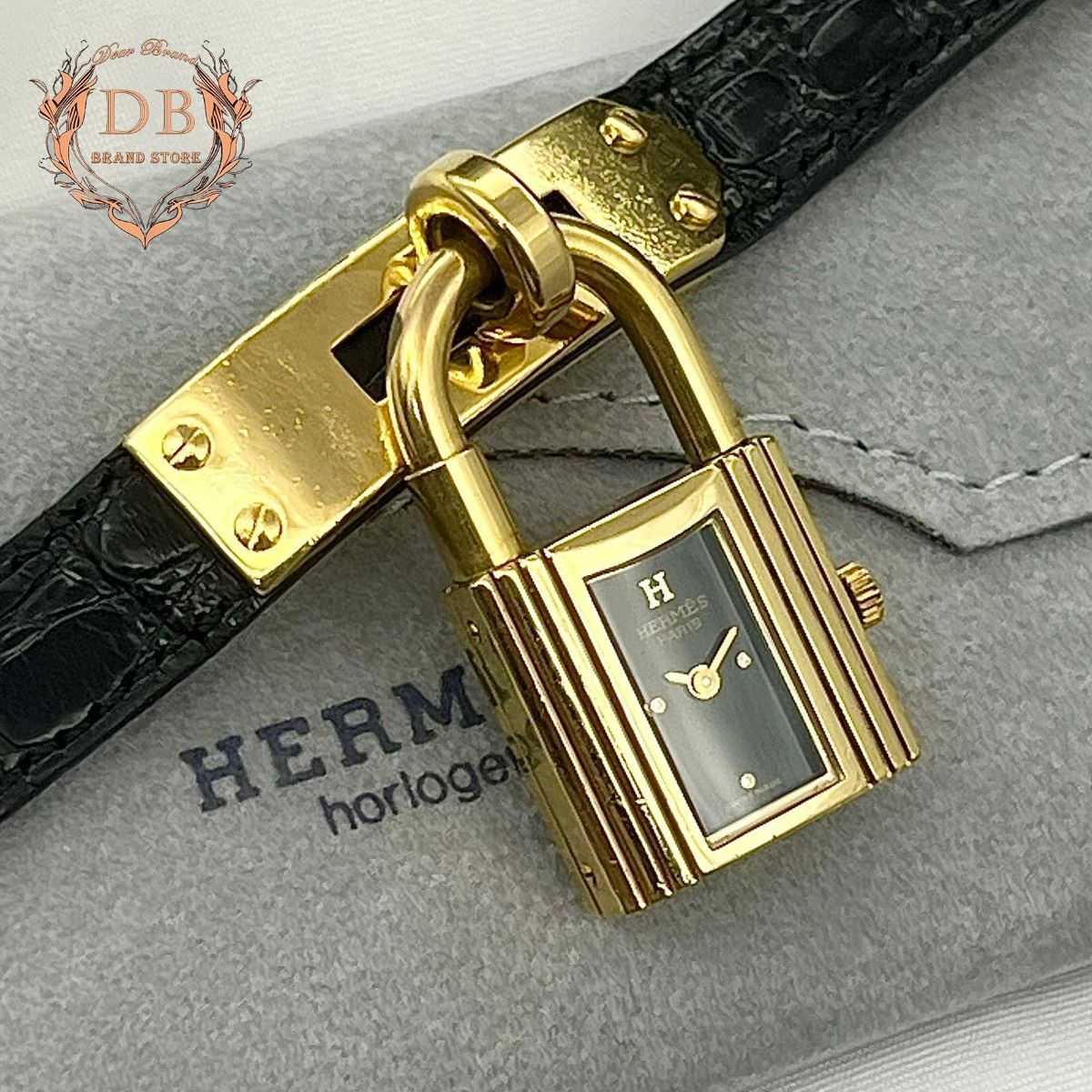 【箱付】 エルメスケリーウォッチ ゴールド 黒文字盤 新品電池 Hermes レディース 腕時計 ブレスレット ラグジュアリー 金 鑑定済 南京錠拍卖