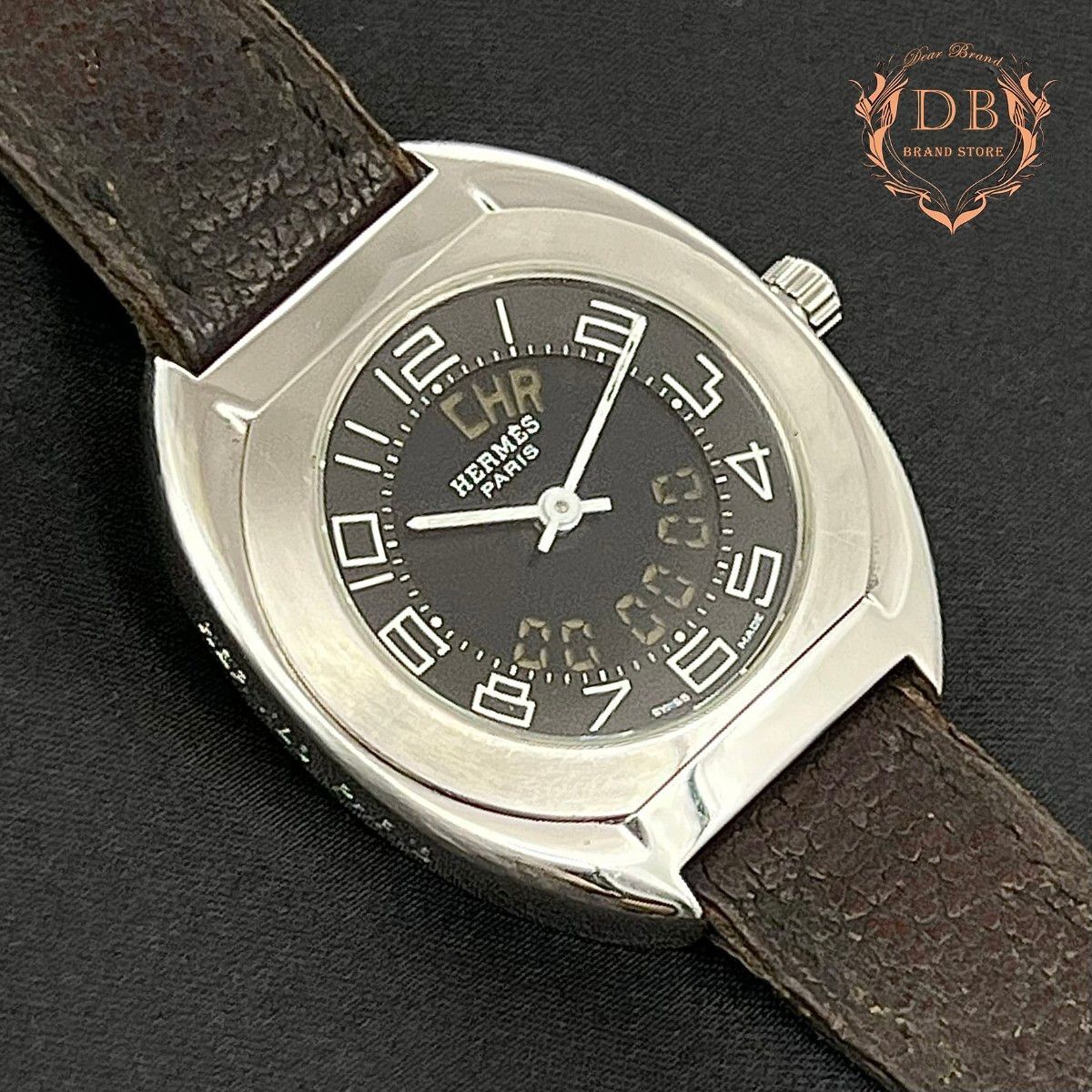 【新品電池】 エルメス エスパス アナデジ ブラック文字盤 ブラウンレザーベルト Hermes レディース 時計 ビジネス 稼働 鑑定済み Auth拍卖