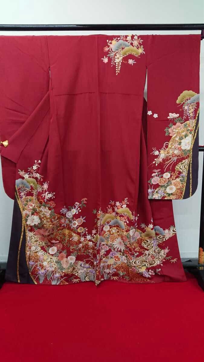井451 振袖 成人式 式典 初詣 えんじ色 赤 ゴールド 桜 藤の花 松 着物 210129拍卖