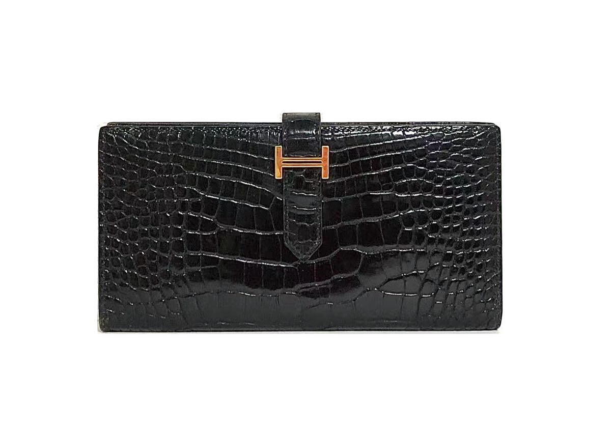 美品☆エルメス HERMES クロコダイル アリゲーター 長財布 ベアン Bearn ベアンスフレ ノワール 黒 ブラック ワニ革 ゴールド金具拍卖