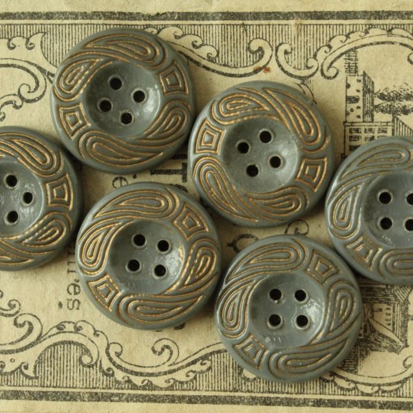即決 未使用 ガラスボタン 6個 φ18mm 4穴 グレーxゴールド ハンドメイドパーツ チェコ ヴィンテージ拍卖