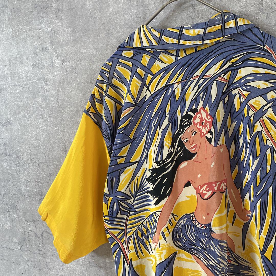 古着 AVANTI アロハシャツ フラガール柄 シルク 開襟 半袖 Mサイズ拍卖