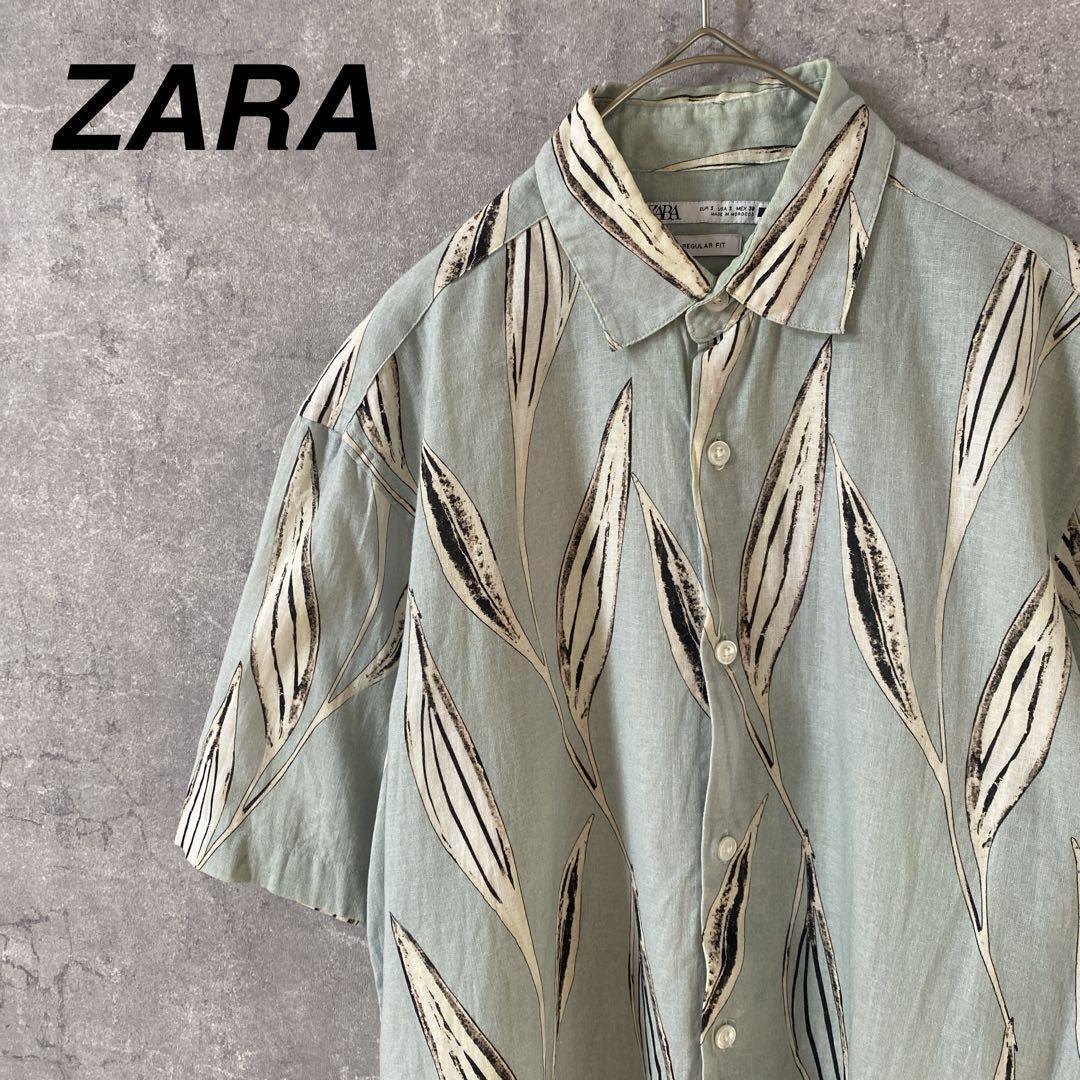 ZARAボタニカル柄シャツ 麻リネンシャツ 半袖 スクエア Sメンズ拍卖