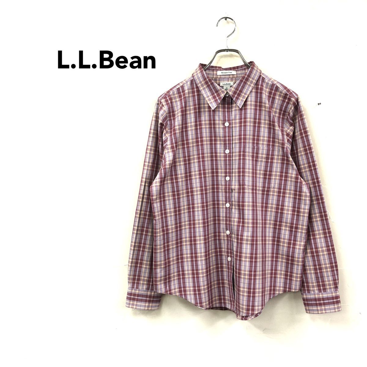 2H1100-Y-N◆美品◆L.L.Bean エルエルビーン 長袖シャツ チェック 胸ポケット センタータック ラウンドヘム レディース ◆sizeM レッド 綿拍卖