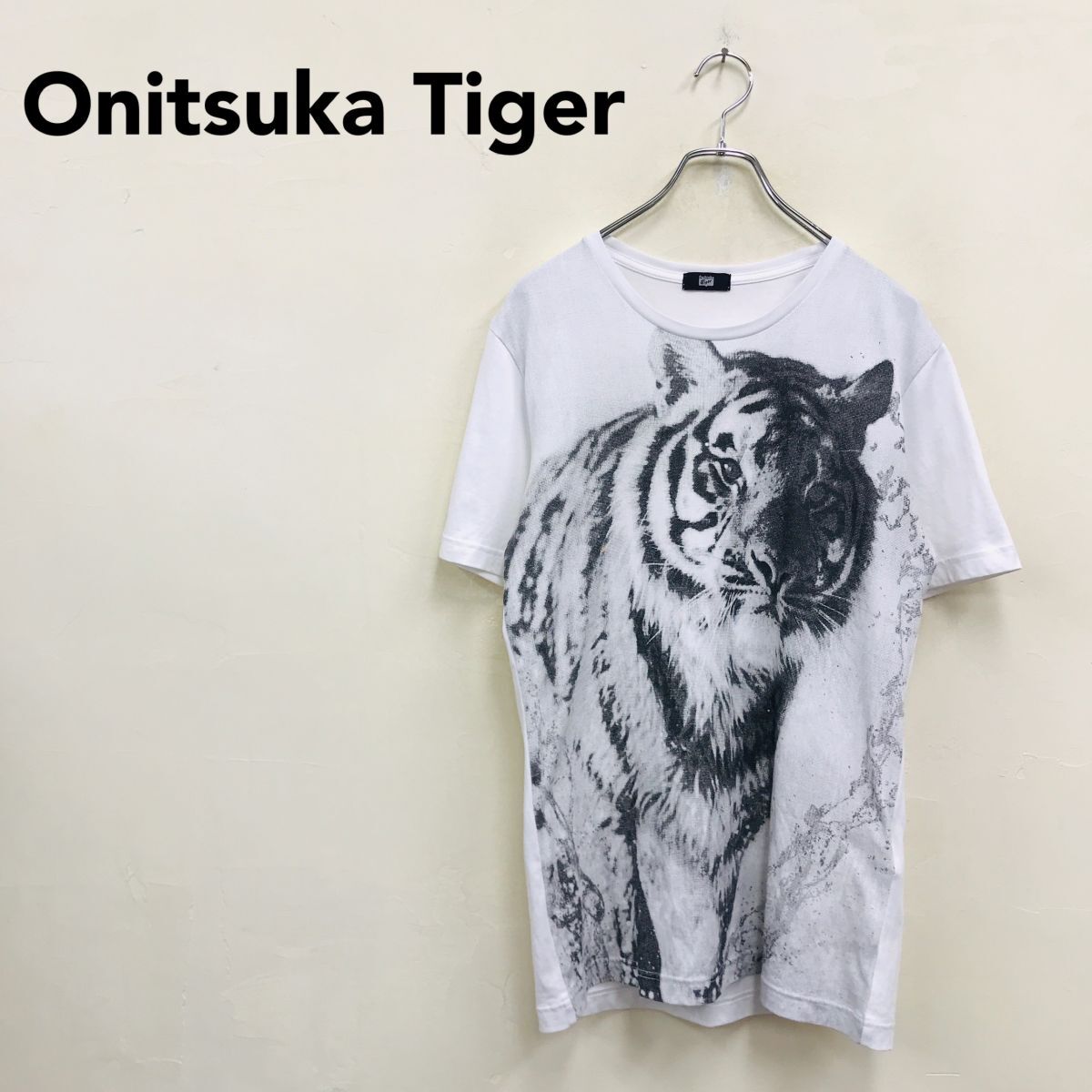 2H1007-R◆Onitsuka Tiger オニツカタイガー 半袖Tシャツ◆サイズL 172〜178 メンズ 紳士 トップス トラ プリント 綿混 ホワイト 白拍卖
