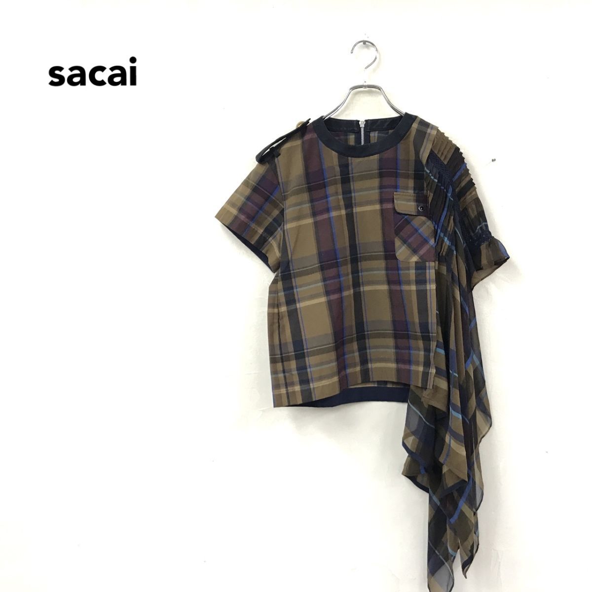 2S3621-D◆ sacai サカイ デザインシャツ カットソー プリーツ 一部シアー プリーツ ◆ size1 マルチカラー チェック ポリエステル ウール拍卖