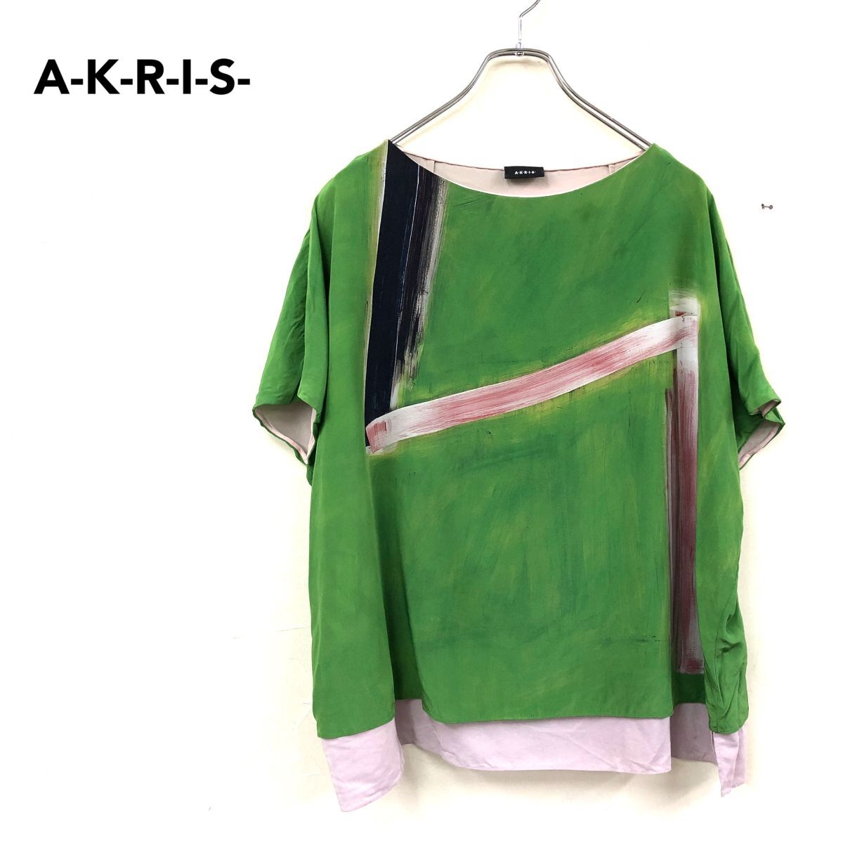 2S3469-W◆A-K-R-I-S- アクリス シルクトップス 柄物 重ね着風 オーバー ビッグシルエット レディース◆size:US 8 グリーン系 シルク 絹拍卖