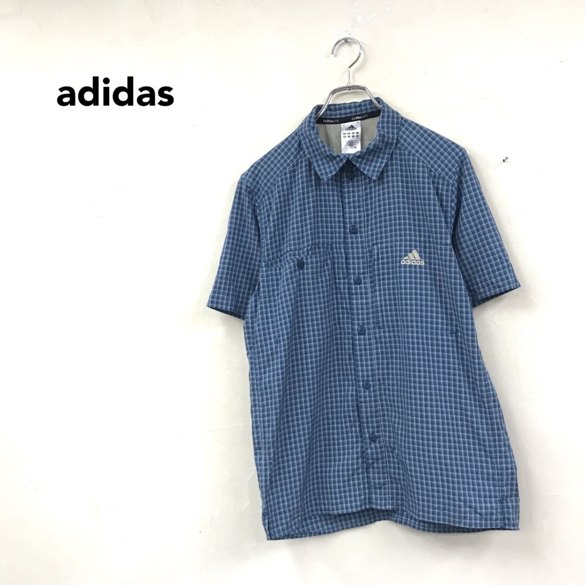 2H1825-N◆old 00s adidas アディダス 半袖シャツ ボックスシルエット ロゴ刺繍 山シャツ ◆sizeM ブルー チェック ナイロン ポリエステル拍卖