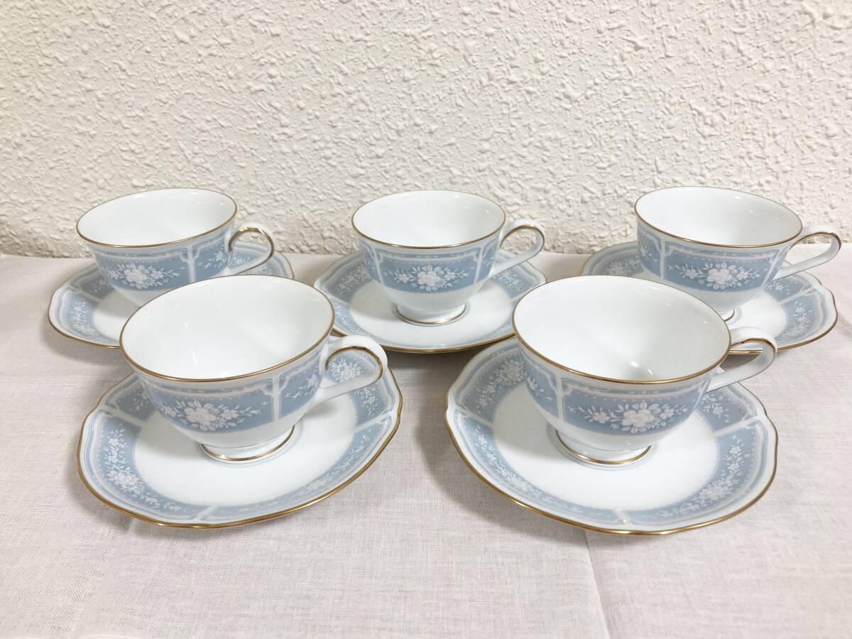 【洋食器①】ノリタケ レースウッド ゴールド 5客 セット * 金彩 カップ ソーサー 皿 Noritake ブルー 花柄 インテリア 陶磁器 茶器 拍卖