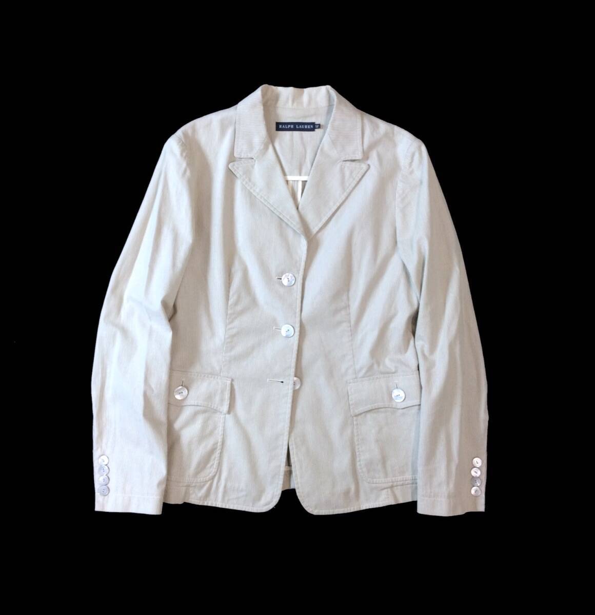 RALPH LAUREN ラルフローレン ストライプ ジャケット テーラードジャケット コットン ライトグレー/ホワイト レディース 5f 日本製拍卖