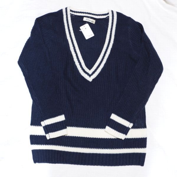 Last Petitjo Style MP V開きライン リブ編み長袖セーター ネイビー拍卖
