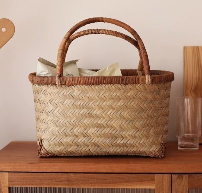 職人の手作り★自然竹編み上げカゴバック 手作りバスケット ナチュラル買い物カゴ 収納バッグ拍卖