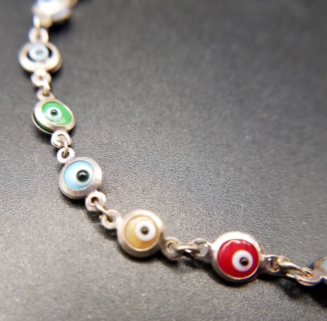 ナザールの目 カラフルガラス 小粒 925 シルバー ヴィンテージ ブレスレット 銀 華奢 ナザールボンジュウ 個性派ジュエリー Y24-G拍卖