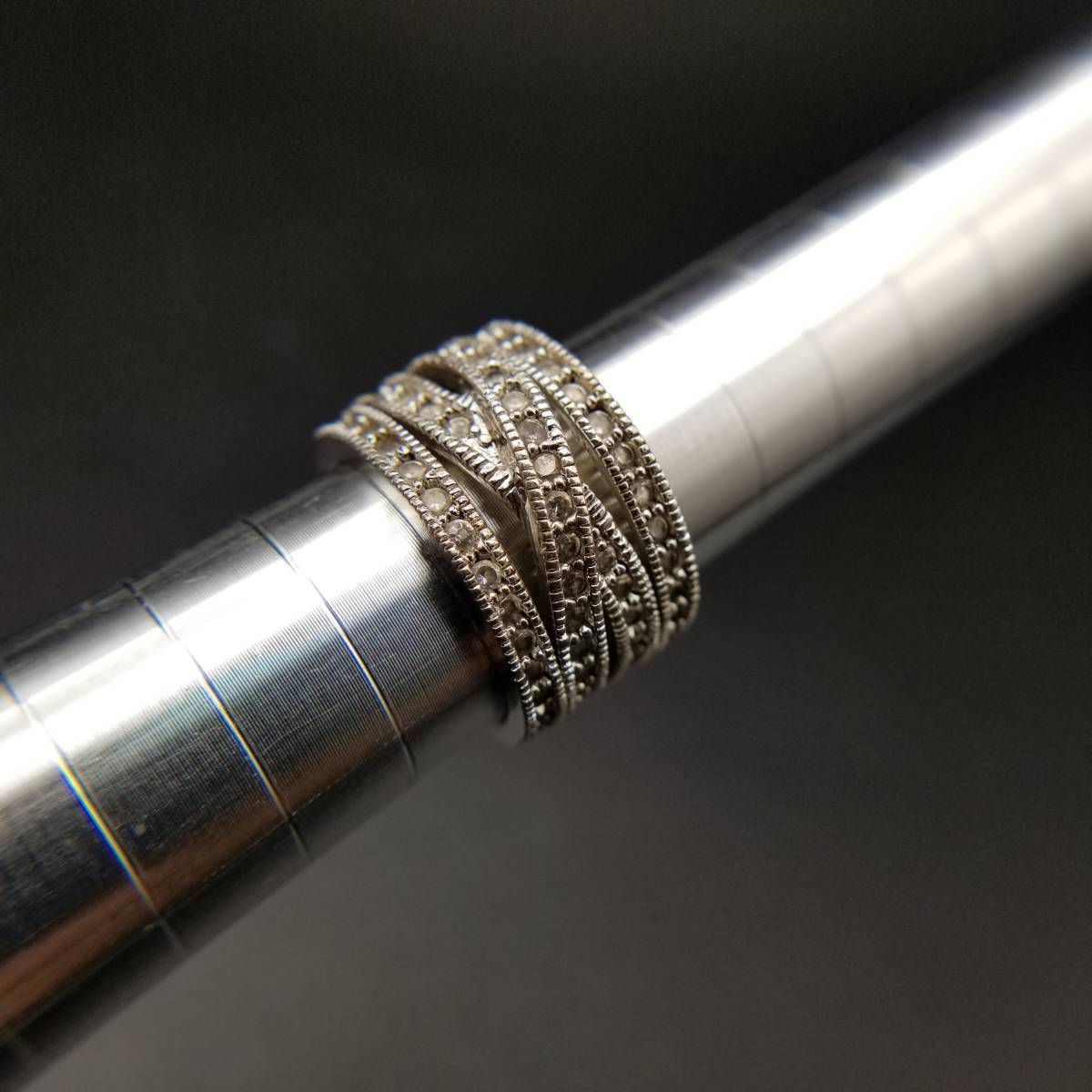 クリアラインストーン インレイ ウェーブ クロス 925シルバー バンド リング 銀 極幅広 指輪 エレガント 存在感 Y20-A拍卖