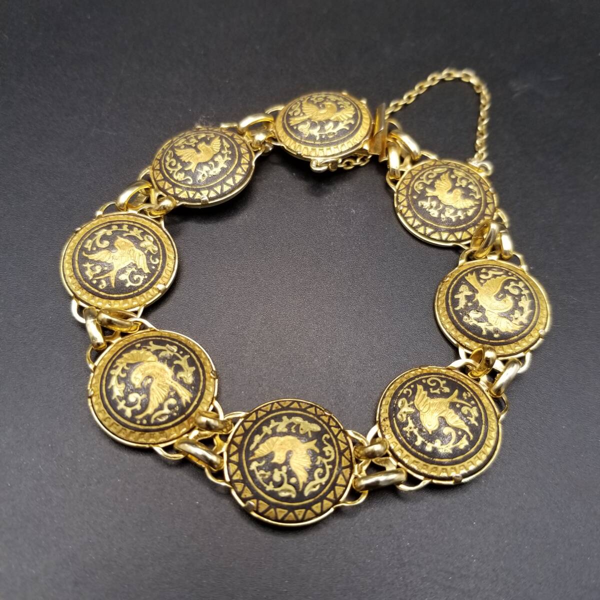 スペイン ヴィンテージ ダマシン 鳥とお花 ラウンドチェーン ブレスレット ゴールドトーン 象嵌 ゴージャス レトロ ジュエリー Y24-B拍卖