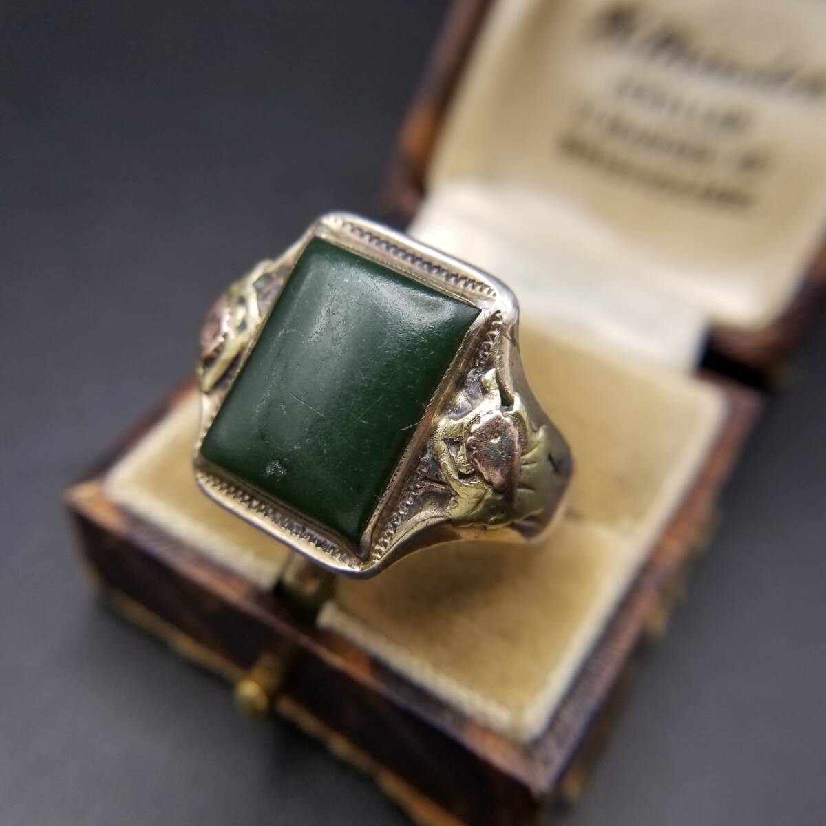 グリーンアゲート レクタングル 葡萄の葉 ヴィンテージ シグネット リング 925 シルバー K10ゴールド装飾 レトロ ステートメント Y24-H拍卖