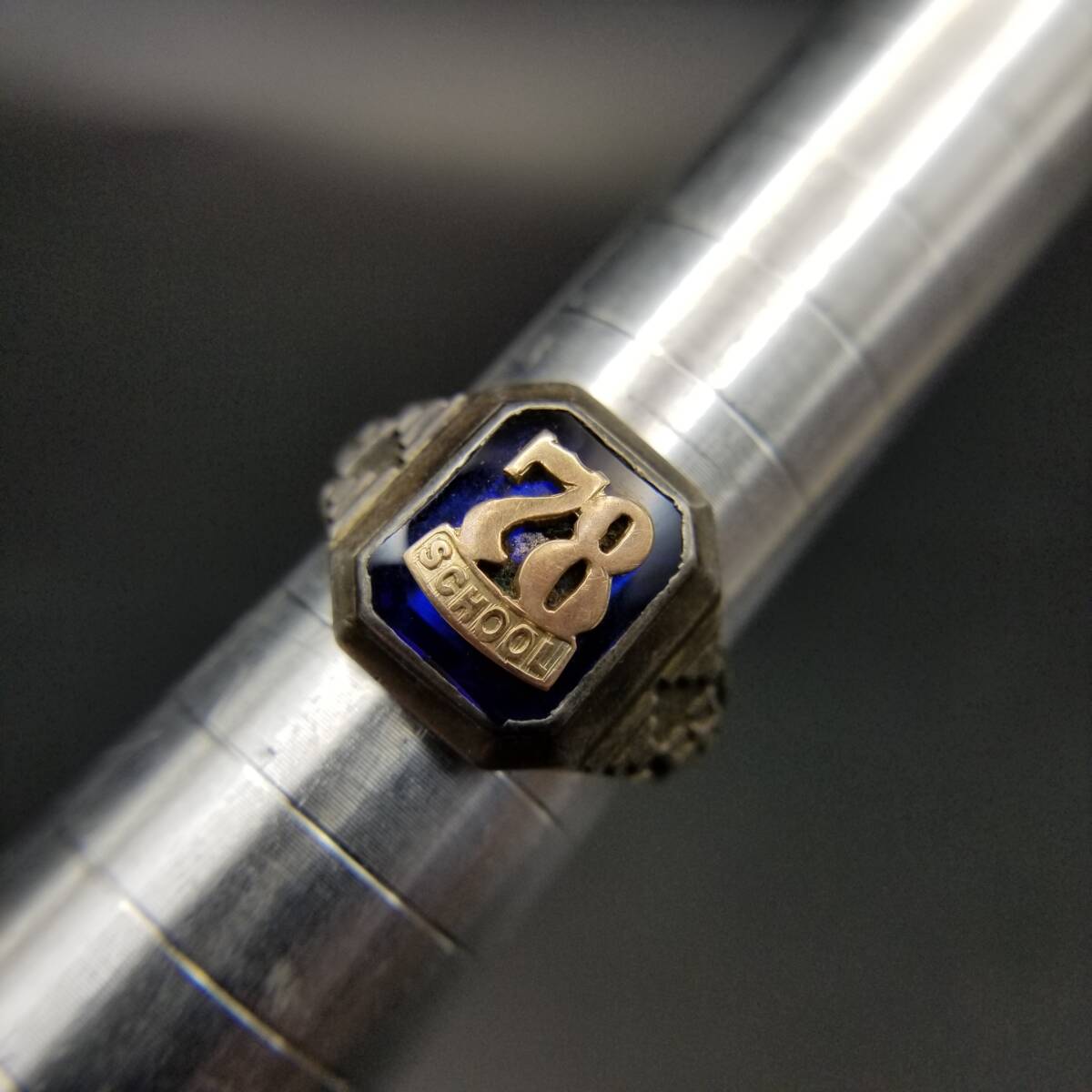 1939年 ヴィンテージ クラスリング 78 School 925 シルバー カレッジリング ゴールド装飾 青石 八角形 アールデコ レトロ Y24-I拍卖