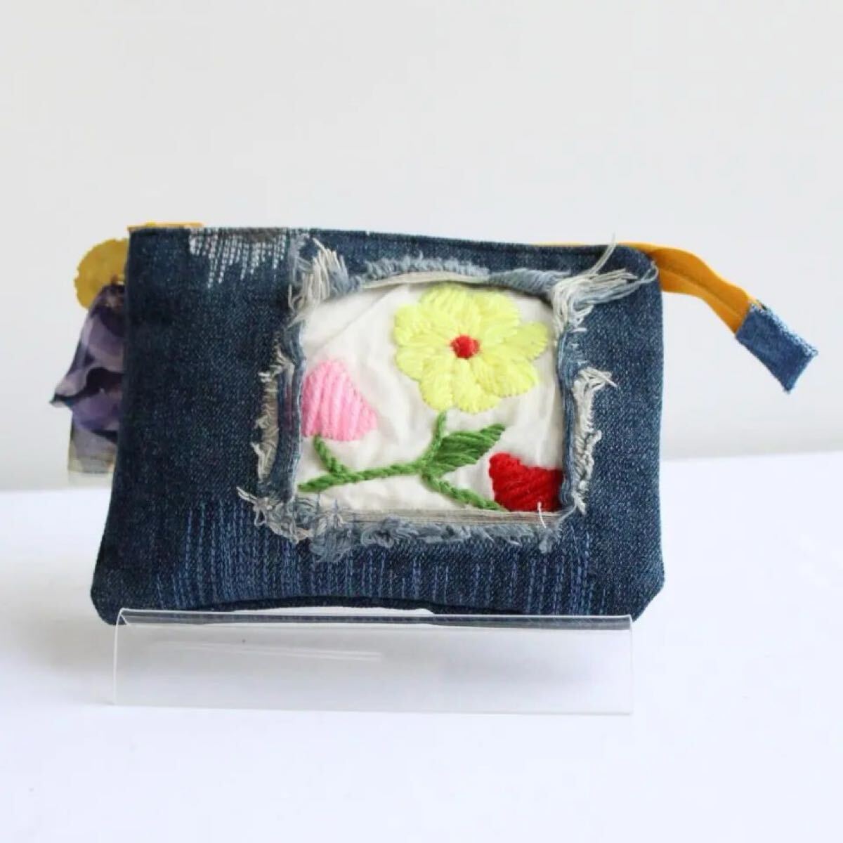 【リメイク】花刺繍デニムポーチ NH4拍卖