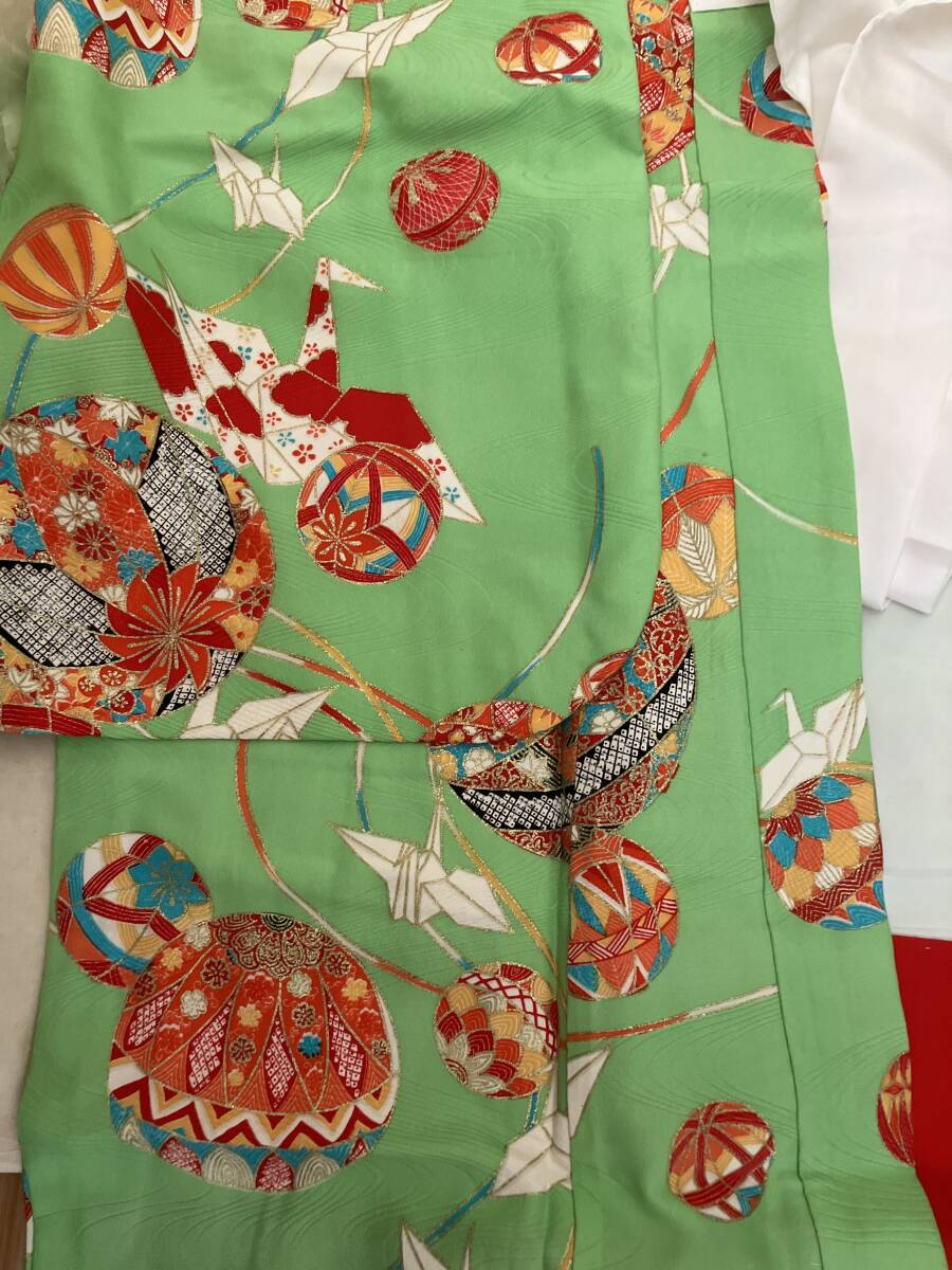♪♪女の子用 グリーン色の着物七五三 セット 草履約18.5cm 結び帯 バッグ 扇子 かんざし など一式拍卖