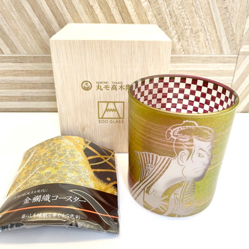 rm) 丸モ高木陶器 美濃切子 EDO GLASS ロックグラス 写楽 木箱入り コースター付属 保管品 食器 酒器拍卖