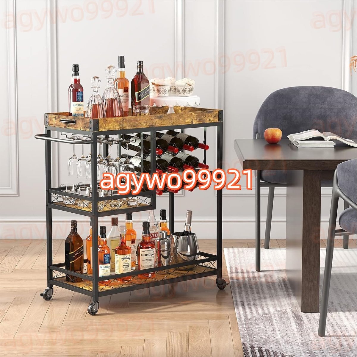 バーカート ワインカート ラックホルダー付き 家庭用 ワゴン キャスター付き ドリンク インダストリアル風 3段ドリンク キッチンワゴン拍卖