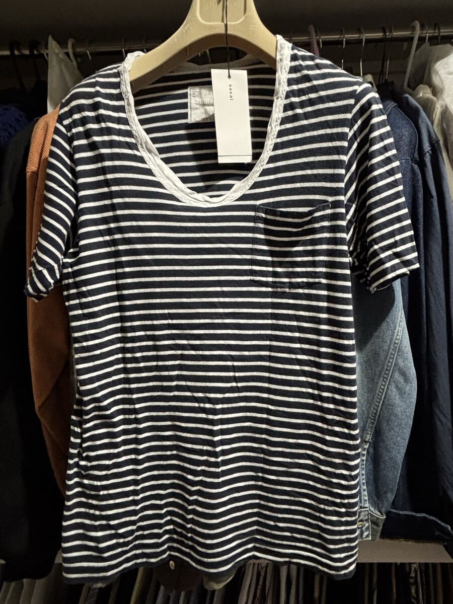 sacai サカイ キュプラ切替 Uネック 丸首 半袖Tシャツ サイズ3 ボーダー拍卖