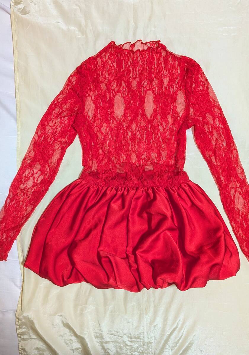 SHEINバルーンヘム長袖レースシースルードレス レッド拍卖