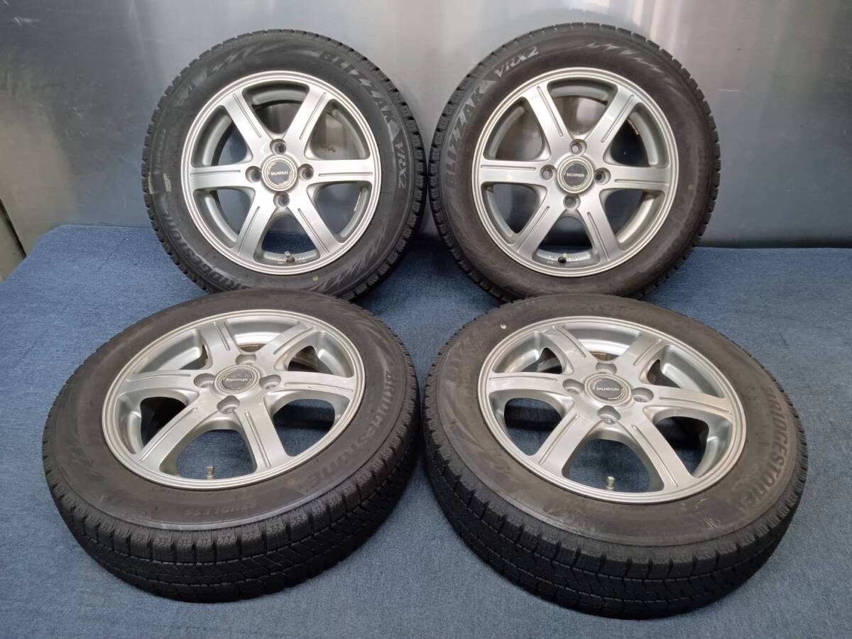 ★7.5-8分山★21年製★ ブリヂストンBLIZZAK VRX2 155/65R14 社外ホイール 14×4.5J +45 4H-100 4本セット スタッドレス 軽自動車等 C275拍卖