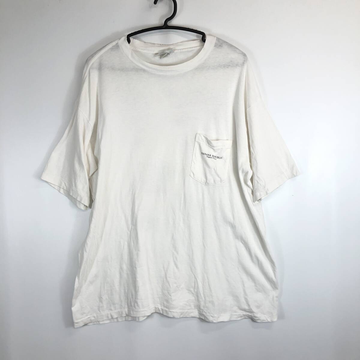 90s USA製 バナナリパブリック BANANA REPUBLIC 半袖ポケットTシャツ Lサイズ ホワイト シングルステッチ拍卖