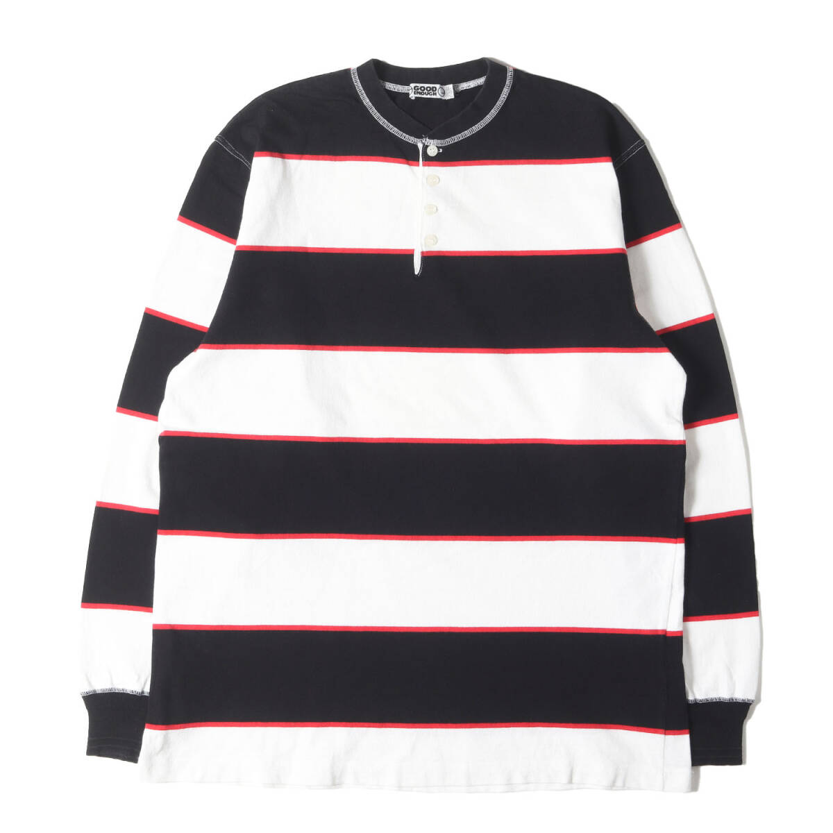 GOOD ENOUGH グッドイナフ Tシャツ ブラック ホワイト 黒白 サイズ:L | 90s ヘンリーネック ボーダー ロングスリーブTシャツ (1998年)拍卖