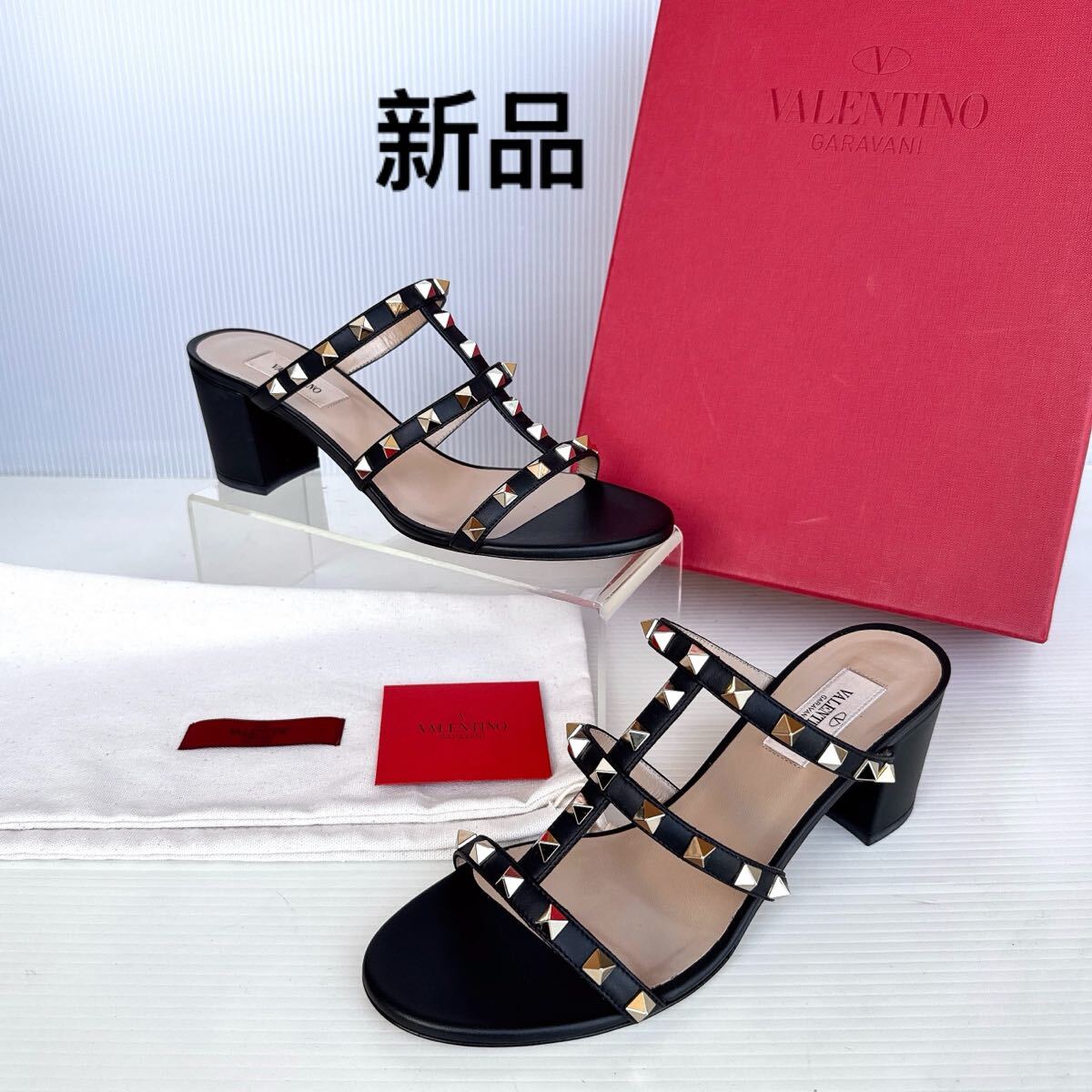 VALENTINO GARAVANI ヴァレンティノガラヴァニー スタッズ ストラップ ミュール サンダル ハイヒール レーディス シューズ 靴 38.5 黒拍卖