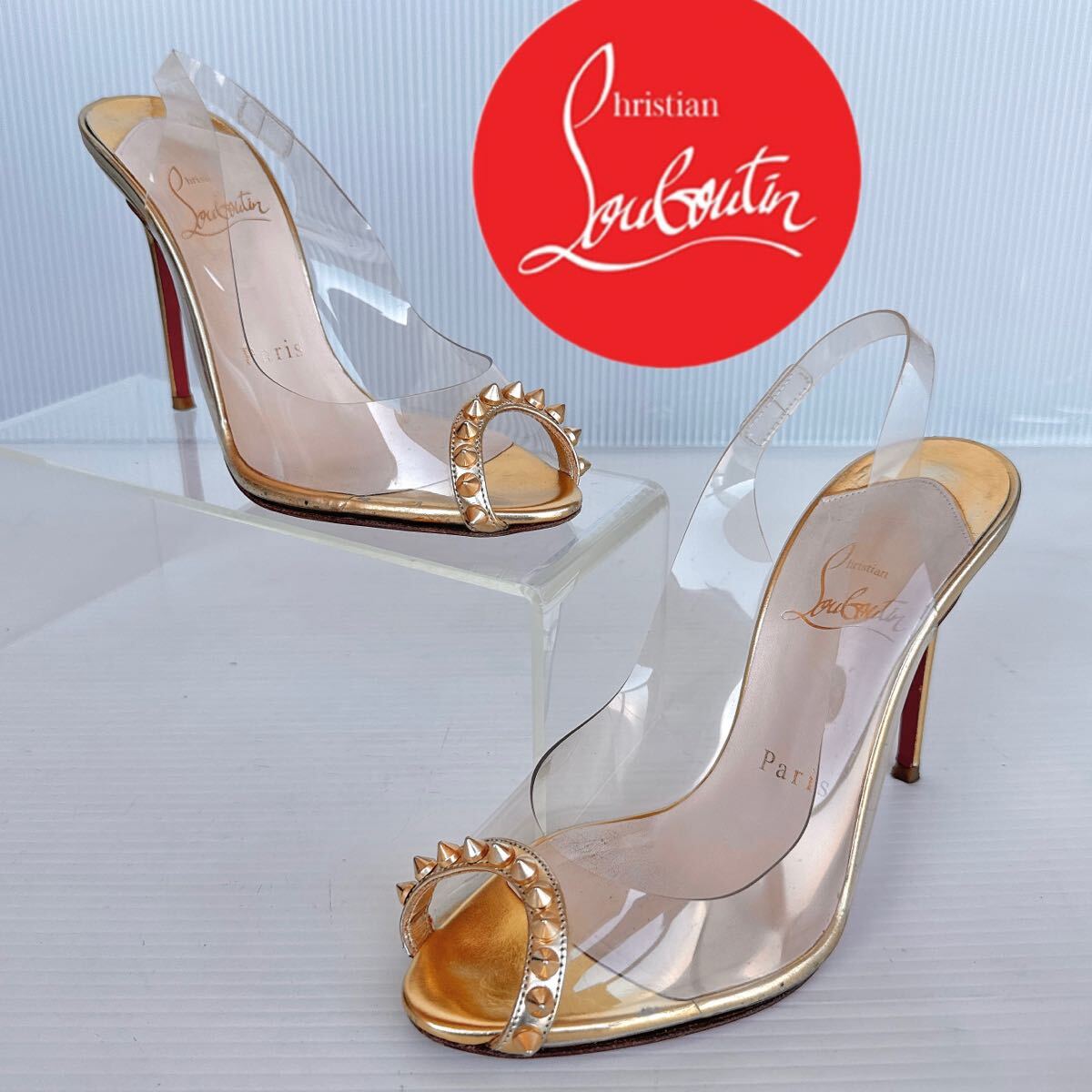Christian Louboutin クリスチャンルブタン スタッズ オープントゥ サンダル ハイヒール パンプス 35.5 透明 レーディス シューズ 靴拍卖