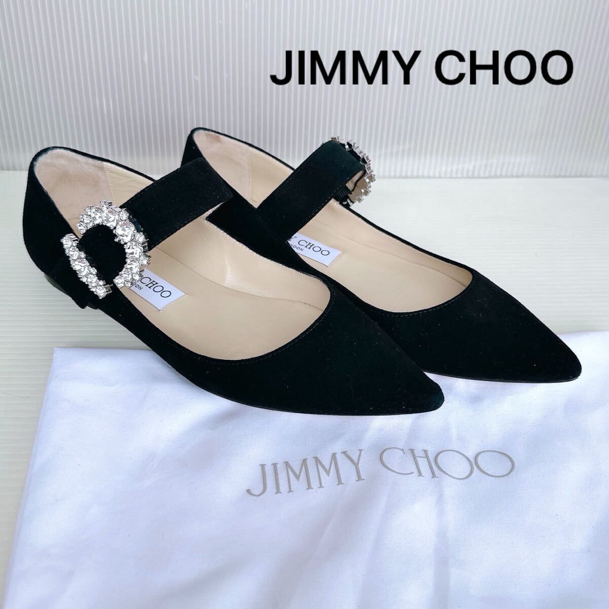 JIMMY CHOO ブラック ビジュー クリスタル ラインストーン装飾 フラットシューズ パンプス サンダル メリージェーン 極美品 36.5 靴 黒拍卖