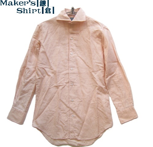 美品日本製!!メーカーズシャツ鎌倉 Maker's Shirt鎌倉*麻55% ワイドスプレッドカラー リネンコットンドレスシャツ 実寸S ベージュ系拍卖