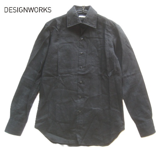 極上!!デザインワークス DESIGNWORKS*麻99% 美シルエット 胸ポケット付き ストレッチリネンシャツ 38-15 実寸M 黒 ブラック拍卖